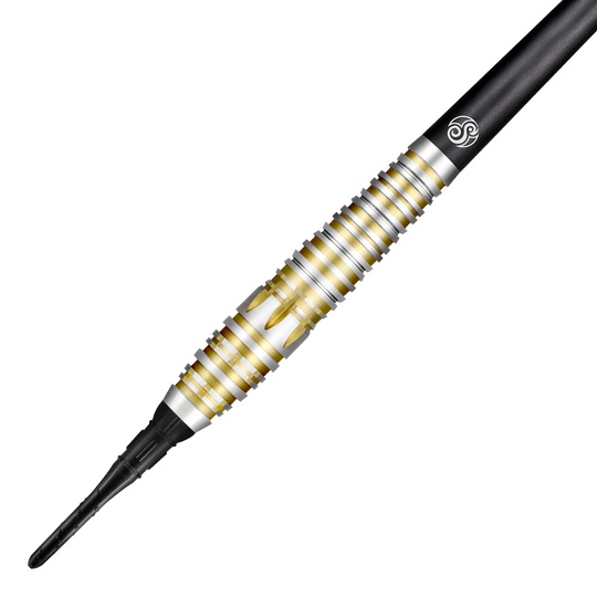 Shot Celt Balor Softdarts Dies ist ein Shot Celt Balor Softdart. Der Dartpfeil hat ein silbernes und goldenes Ringdesign mit einer schwarzen Spitze.