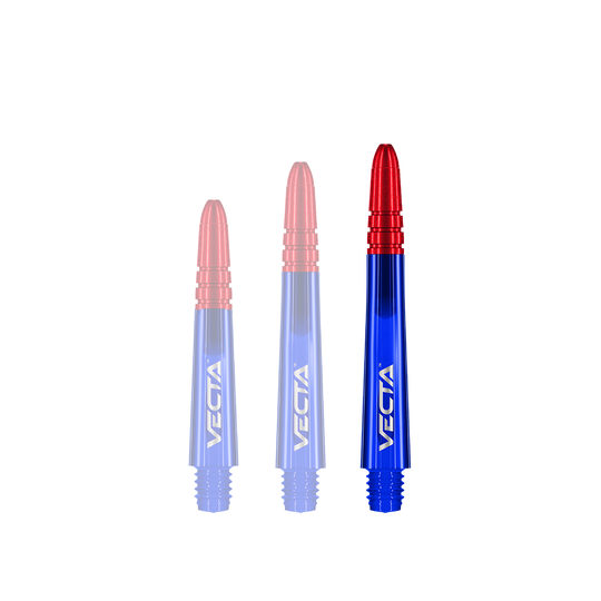 Winmau Vecta Shafts - Blue Red Das Bild zeigt drei Dartschäfte in den Farben Blau und Rot. Auf jedem Schaft steht der Schriftzug „VECTA“.