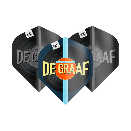 Das Bild zeigt drei Sätze Target Pro Ultra Jeffrey De Graaf GEN1 No2 Standard Flights. Auf den Flights steht groß „DE GRAAF“ und sie haben ein modernes Design in Schwarz und Blau.