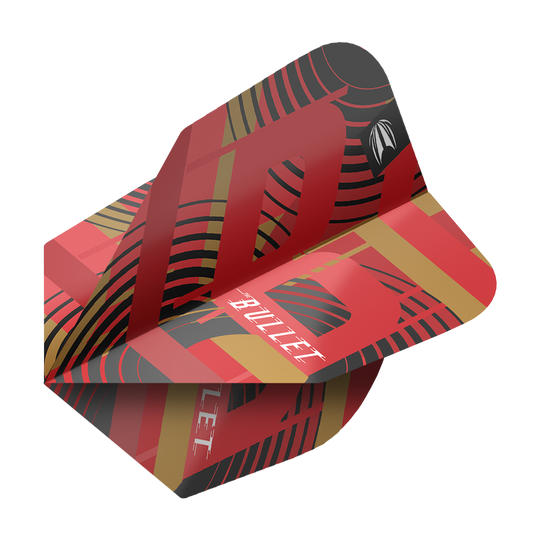 Target Pro Ultra Stephen Bunting GEN5 No6 Flights - 3 Sets Das Bild zeigt ein Dartflight aus der Serie "Target Pro Ultra Stephen Bunting GEN5 No6". Das Flight ist rot mit schwarzen und goldenen Akzenten und trägt die Aufschrift "BULLET".