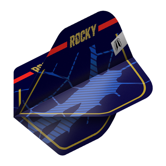Das Bild zeigt drei Sätze der Target Pro Ultra Josh Rock GEN1 No2 Standard Flights. Die Flights sind dunkelblau mit goldener Umrandung und dem Schriftzug "ROCKY" in Gold.