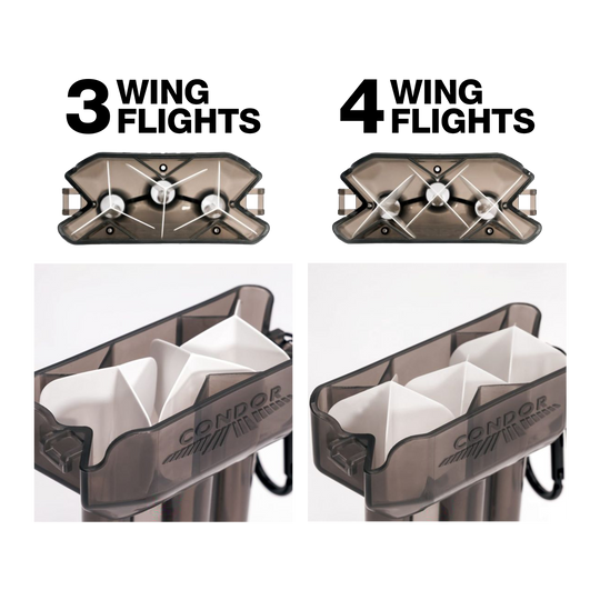 Condor DUAL Dartcase Das Bild zeigt das Produkt "Condor DUAL Dartcase" mit Platz für entweder 3-Flügel- oder 4-Flügel-Dartflights. Es veranschaulicht, wie die jeweiligen Flights ordentlich im Case verstaut werden können.