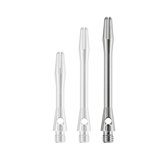 Das Bild zeigt drei Harrows Keramic Shafts in der Farbe Gun Metal. Die Dartschäfte sind in unterschiedlichen Längen angeordnet.