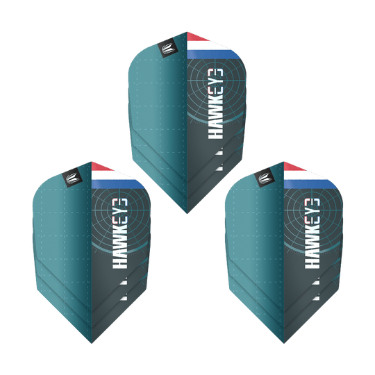 Target Pro Ultra Kevin Doets GEN1 No6 Flights - 3 Sets Das Bild zeigt drei Sätze der Target Pro Ultra Kevin Doets GEN1 No6 Flights. Die Flights sind blau-grün und haben das Wort "Hawkeye" sowie ein Target-Design und eine kleine Flagge.