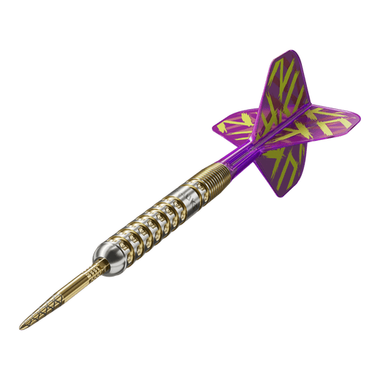 Target Luke Littler GEN1 Prodigy Swiss Point Steel Darts Das Bild zeigt einen Target Luke Littler GEN1 Prodigy Swiss Point Steeldart. Der Dart hat einen gold-silbernen Schaft und lila Flights mit gelbem Muster.