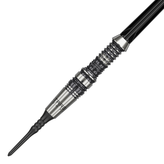 Target Japan Black Marque Heracles Soft Darts - 18g Das Bild zeigt einen Target Japan Black Marque Heracles Softdart mit einem Gewicht von 18g. Der Dartpfeil hat ein silbernes, fein geriffeltes Barrel und eine schwarze Spitze.