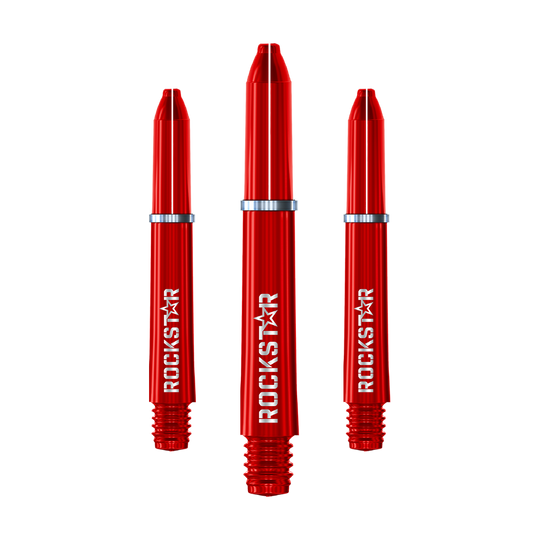 Auf dem Bild sind drei rote Nylon-Dartschäfte mit der Aufschrift "ROCKSTAR" zu sehen. Sie haben silberne Ringe und sind nebeneinander angeordnet.