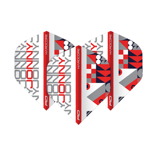 Das Bild zeigt die Red Dragon Hardcore Jonny White Red Standard Flights. Sie haben ein modernes Design in Rot, Weiß und Grau mit dem Schriftzug "JONNY" und grafischen Mustern.