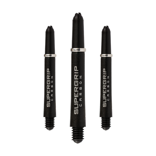 Das Bild zeigt drei schwarze Harrows Supergrip Carbon Shafts in verschiedenen Größen. Die Shafts haben silberne Ringe und den Schriftzug "SUPERGRIP CARBON" in Weiß.