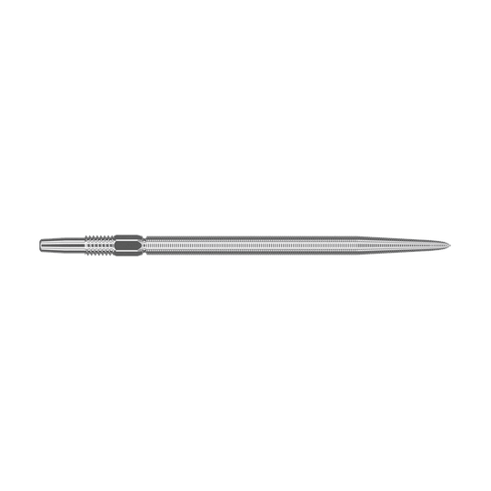 Target Swiss Point Nano Dart Tips - Silver Das Bild zeigt eine silberne Dartspitze mit feiner Riffelung. Sie ist lang und schlank gestaltet und besitzt präzise eingearbeitete Details.