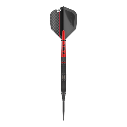 Target Scope 04 Swiss Point steel darts Dies ist der Target Scope 04 Swiss Point Steeldart. Er hat ein modernes Design mit schwarzen und roten Akzenten.