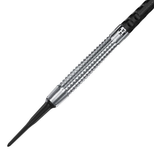 Harrows Dimplex S3 Tapered Soft Darts Das Bild zeigt einen Harrows Dimplex S3 Tapered Softdart. Der Dartpfeil hat eine silberne, geriffelte Metallspitze und einen schwarzen Schaft.