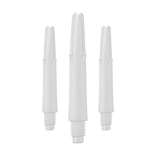 L-L-Style-Shafts Locked Straight - White Auf dem Bild sind drei weiße, gerade Dartschäfte ohne Kappen zu sehen. Sie sind nebeneinander in aufrechter Position angeordnet.