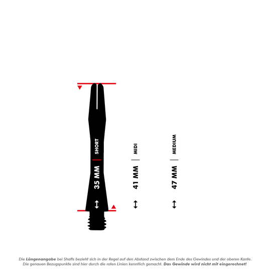 HR366_Harrows_Keramic_Shafts_5_35mm Das Bild zeigt drei verschiedene Längen der Harrows Keramic Shafts - Gun Metal: Short (35 mm), Midi (41 mm) und Medium (47 mm). Die Messpunkte der Längen sind durch rote Linien markiert, das Gewinde wird nicht mit einberechnet.