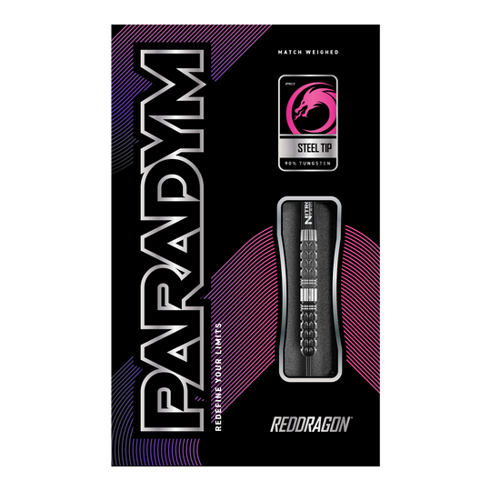 Red Dragon Paradym Tapered Steel Darts Die Abbildung zeigt die Verpackung der "Red Dragon Paradym Tapered Steeldarts". Auf der Packung sind die Begriffe "Steel Tip", "90% Tungsten" und das Red Dragon Logo zu sehen.