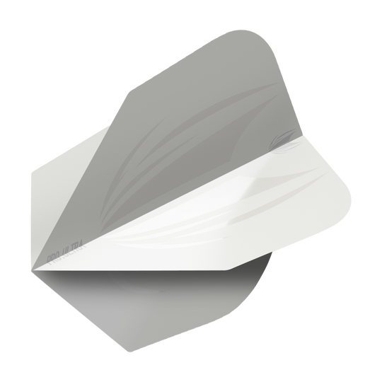 Das Bild zeigt das Produkt "Target ProUltra ID White No6 Flights". Es handelt sich um einen weißen Dartflight mit einem dezenten, grauen Designmuster.