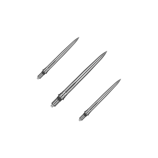 Caliburn EZ-EVO dart tips - Smooth - Silver Das Bild zeigt ein Set aus glatten silbernen Dartspitzen. Die Spitzen sind ordentlich nebeneinander angeordnet.