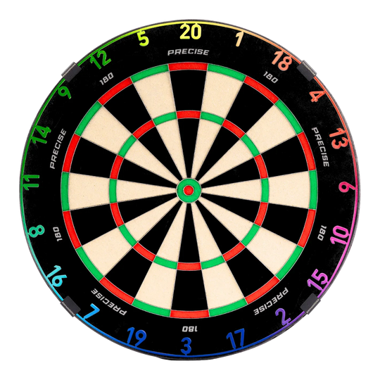 Precise 180 Endorphine steel dartboard with number ring - Spectrum Zu sehen ist das Precise 180 Endorphine Steeldartboard mit Nummernring – Spectrum. Das Dartboard ist frontal abgebildet.