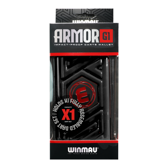 Winmau Armor G1 Dart Wallet Das Bild zeigt eine schwarze Darttasche von Winmau mit dem Namen "Armor G1". Die Verpackung betont, dass sie stoßfest ist und ein vollständig montiertes Dart-Set aufnehmen kann.