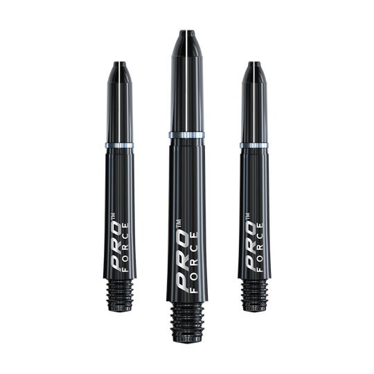 7011_101_Winmau_Pro-Force_Shafts_Schwarz_35mm_1X6BcI0vwD5EeC Das Bild zeigt drei schwarze Winmau Pro-Force Shafts für Darts. Auf den Shafts steht der Schriftzug "PRO FORCE" in weißer Farbe.