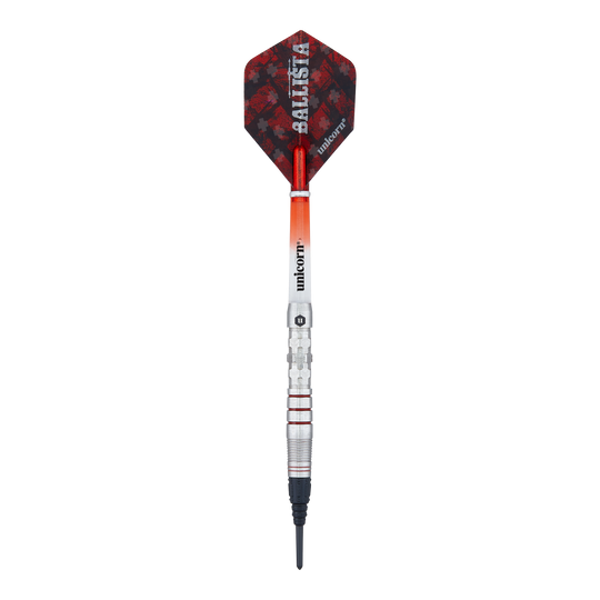 Unicorn Ballista Style 3 soft darts Das Bild zeigt einen Softdart der Marke "Unicorn Ballista Style 3". Der Dart hat eine silberne Spitze, ein rot-schwarzes Flight und einen metallischen Schaft mit roten Akzenten.