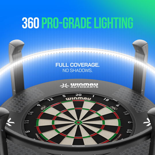 Zu sehen ist das Winmau Autodarts X Autoscoring-System. Es dient der automatischen Auswertung beim Darts-Spiel.