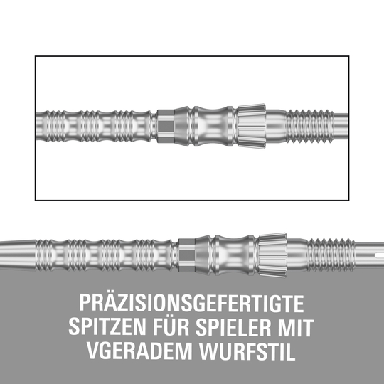 Hier ist die Target Signature Swiss Point TRB Steeldartspitzen in Silber zu sehen. Die Dartspitzen sind für maximale Kontrolle und Haltbarkeit entwickelt.