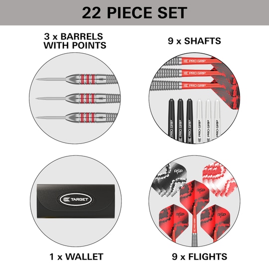 Gezeigt werden die Target Nathan Aspinall Brass Steeldarts mit einem Gewicht von 22g. Sie sind für Steeldart-Wettbewerbe gedacht.
