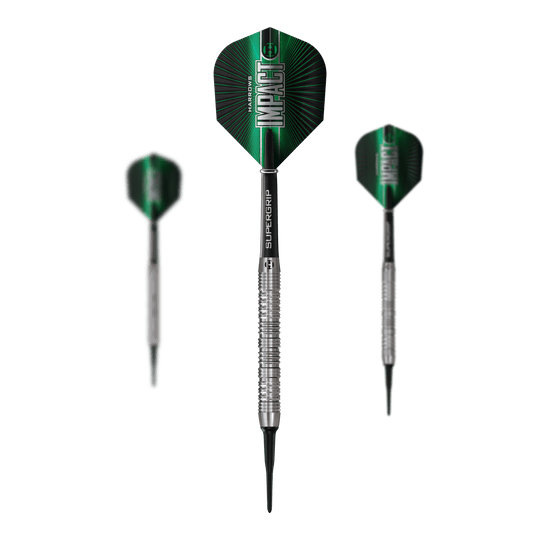 Das Bild zeigt ein Set der Harrows Impact Softdarts. Mehrere Darts sind zusammen zu sehen.