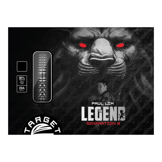 Target Japan Paul Lim The Legend GEN8 Soft Darts - 19g Auf dem Bild ist die Verpackung der "Target Japan Paul Lim The Legend GEN8 Softdarts - 19g" zu sehen. Im Hintergrund ist ein Löwengesicht mit leuchtend roten Augen abgebildet.