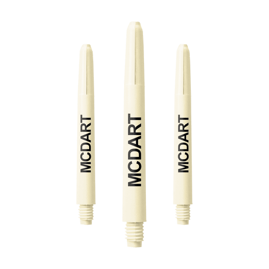 Das Bild zeigt drei naturweiße Nylon Dartschäfte mit dem Aufdruck "MCDART". Sie sind jeweils 48 mm lang und stehen nebeneinander.