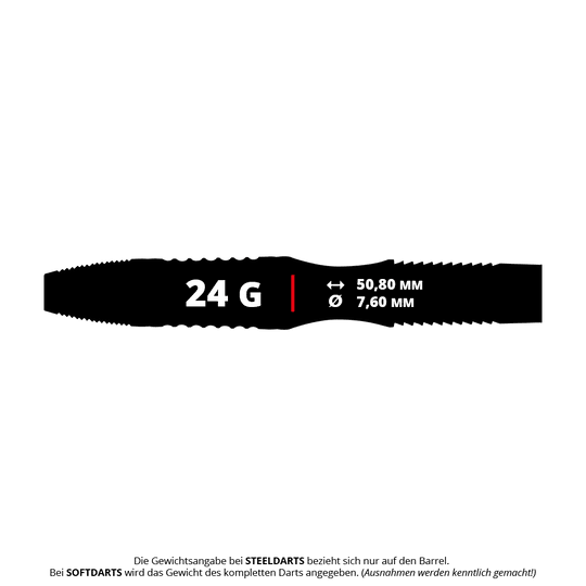 Winmau Rashad Sweeting Steeldarts - 24g Das Bild zeigt die Produktinformationen zu den Winmau Rashad Sweeting Steeldarts mit einem Gewicht von 24 Gramm. Die Länge des Barrels beträgt 50,80 mm und der Durchmesser 7,60 mm.