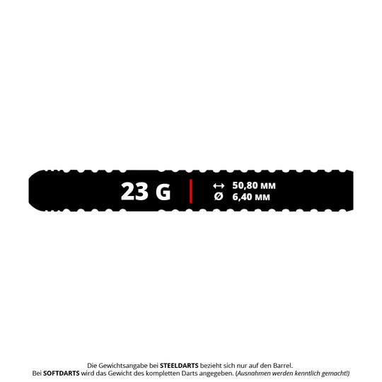 Winmau Ryan Branley Steel Darts - 23g Das Bild zeigt die Produktdaten der Winmau Ryan Branley Steeldarts mit einem Gewicht von 23 Gramm. Der Barrel ist 50,80 mm lang und hat einen Durchmesser von 6,40 mm.