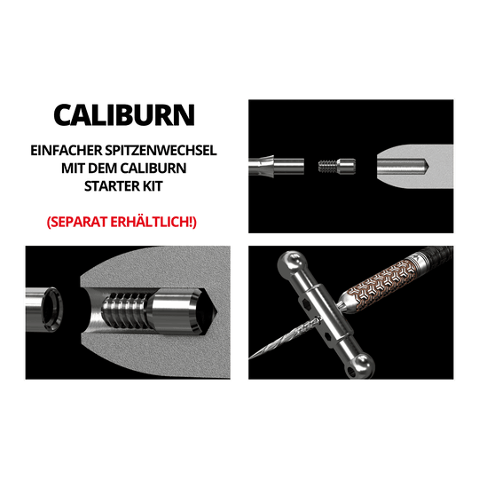 Mission Caliburn EVO dart tips - Ripple - Silver Das Bild zeigt eine grafische Darstellung des Mission Caliburn EVO Systems für Steeldartspitzen. Es zeigt verschiedene Ansichten und Details zum Zusammenbau und zur Funktionsweise der Dartspitzen.