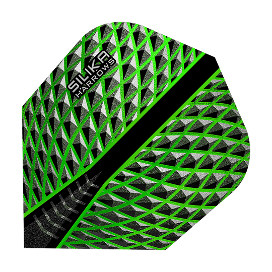 HR57_Harrows_Silika_Green_No6_Flights_1QhWCLSDj2sf9o Das Bild zeigt das Produkt "Harrows Silika Green No6 Flights". Die Dart-Flights haben ein auffälliges, geometrisches Muster in Grün, Schwarz und Silber.