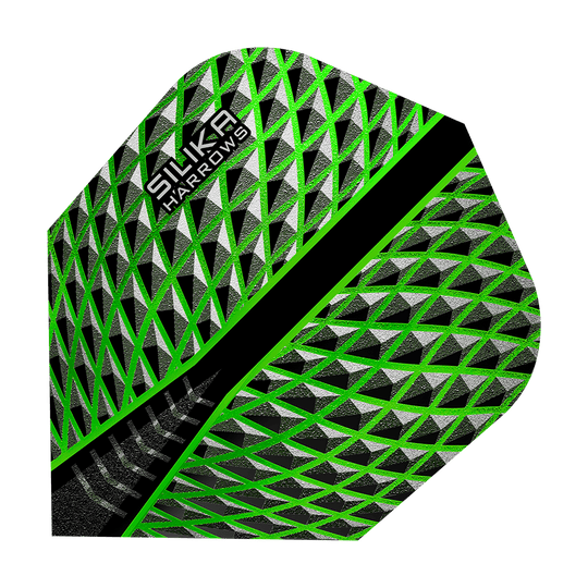 HR57_Harrows_Silika_Green_No6_Flights_1QhWCLSDj2sf9o Harrows Silika No6 Flights mit grafischem Muster. Die Flights sind als Gruppe zu sehen.