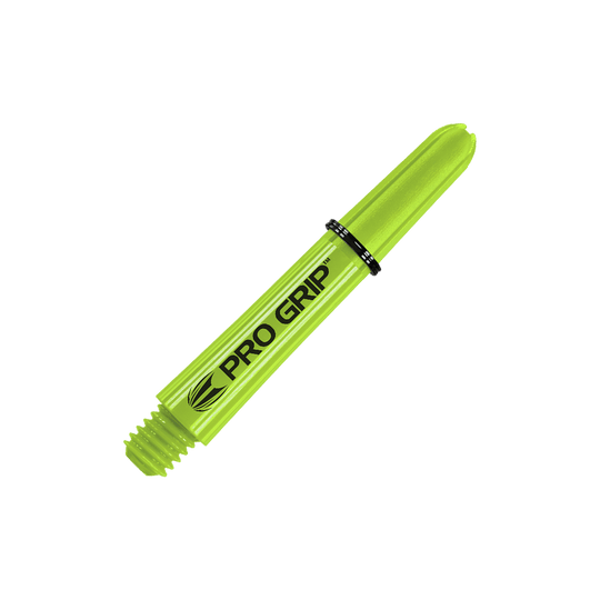 Target Pro Grip Shafts - 3 Sets - Lime Green Das Bild zeigt einen limegrünen Dartshaft mit der Aufschrift "PRO GRIP". Der Schaft hat ein Schraubgewinde an einem Ende und ist 34 mm lang.