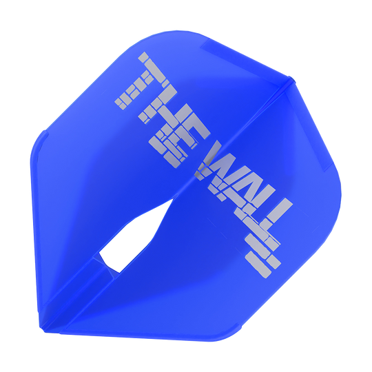 Das Bild zeigt ein blaues Dartflight mit der Aufschrift "THE WALL". Es handelt sich um das Modell "L-Style Martin Schindler Blau L1PRO Flights".