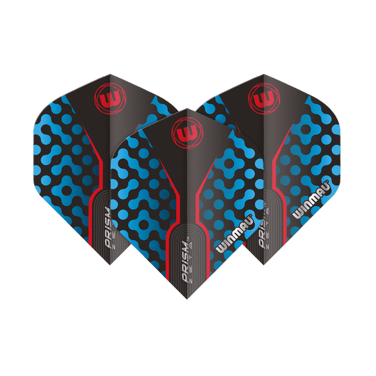 6915-307_Winmau_Prism_Zeta_BlueRed_Standard_Flights_1au2dqPrSMRtRF Das Bild zeigt die Winmau Prism Zeta BlueRed Standard Flights. Die Flights sind schwarz mit blauen und roten Akzenten sowie dem Winmau-Logo.