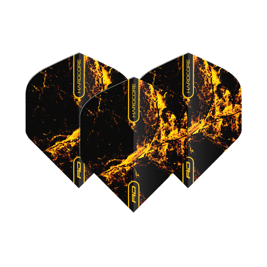 TF6634_Red_Dragon_Hardcore_Radical_Golden_Strike_Standard_Flights_1Doua8YrF3w1gj Das Bild zeigt drei Dartflights mit der Aufschrift "HARDCORE" und einem auffälligen schwarzen und goldenen Flammenmuster. Es handelt sich um das Produkt "Red Dragon Hardcore Radical Golden Strike Standard Flights".