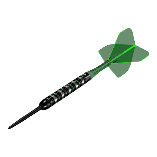Mission Moldavite Steel Darts - 23g Mission Moldavite Steeldarts - 23g wird aus einer anderen Perspektive gezeigt. Die Darts zeichnen sich durch ein grünes Designelement aus.