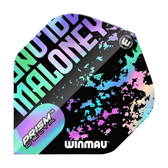 Winmau Prism Delta Mike Maloney Standard Flights Das Bild zeigt ein Winmau Prism Delta Mike Maloney Standard Flight für Darts. Das Flight hat ein auffälliges, buntes Design mit dem Namen "Maloney" und dem Winmau-Logo.