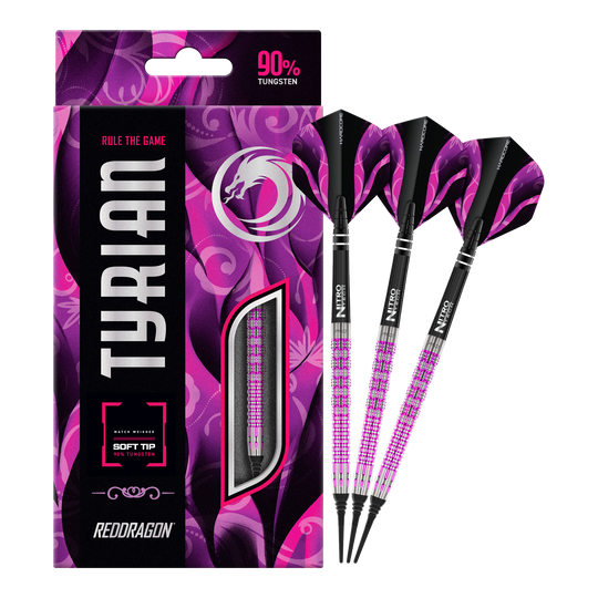 Red Dragon Tyrian Soft Darts - 22g Das Bild zeigt die Red Dragon Tyrian Softdarts - 22g mit einem auffälligen pink-schwarzen Design. Die Darts bestehen zu 90% aus Tungsten und werden in einer passenden Verpackung präsentiert.