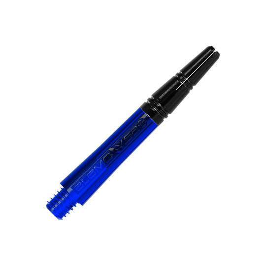 Harrow's Alamo VS2 Shafts - Blue Das Bild zeigt einen blauen Dart-Schaft mit schwarzem oberen Ende. Auf dem Schaft steht der Schriftzug "ALAMO VS2".