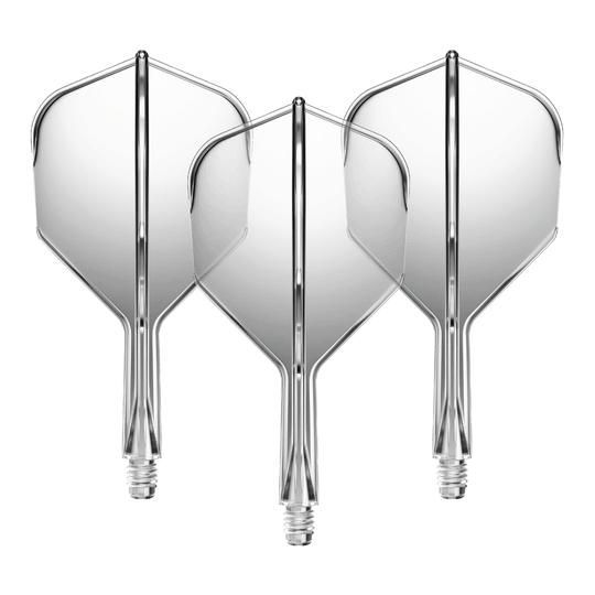 GOAT A1R No6 Flight Shaft System - Clear Das Bild zeigt drei durchsichtige Dartflights mit kurzen Schäften. Sie sind nebeneinander angeordnet und besitzen eine klare, glänzende Oberfläche.