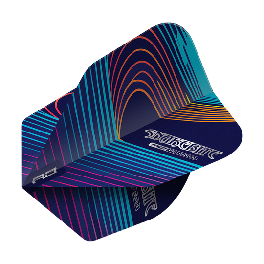 Das Bild zeigt ein Dart-Flight mit dem Namen "Red Dragon Peter Wright Snakebite Multi No6 Flights". Das Flight hat ein auffälliges Design mit bunten Linien auf dunklem Hintergrund.