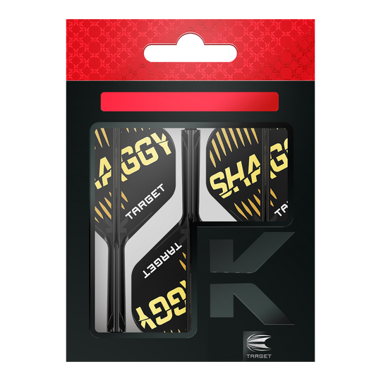 Auf dem Bild ist die Verpackung der "Target K-Flex Scott Williams No2 Standard Flights" zu sehen. Die Flights sind überwiegend schwarz mit gelben und weißen Akzenten und dem Schriftzug "SHAGGY" darauf.