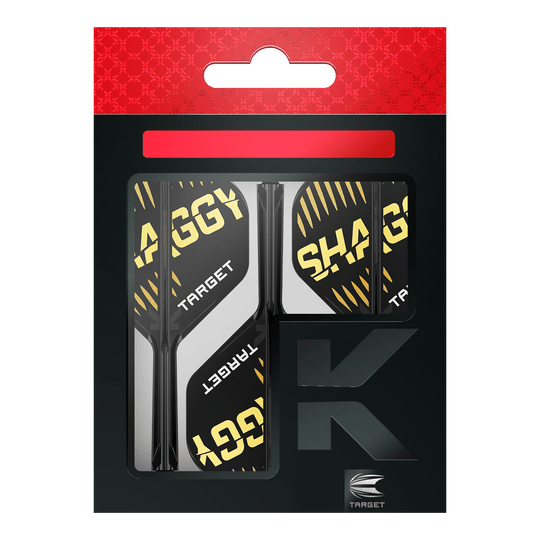Target K-Flex Scott Williams No2 Standard Flight Shaft System Auf dem Bild ist die Verpackung der "Target K-Flex Scott Williams No2 Standard Flights" zu sehen. Die Flights sind überwiegend schwarz mit gelben und weißen Akzenten und dem Schriftzug "SHAGGY" darauf.