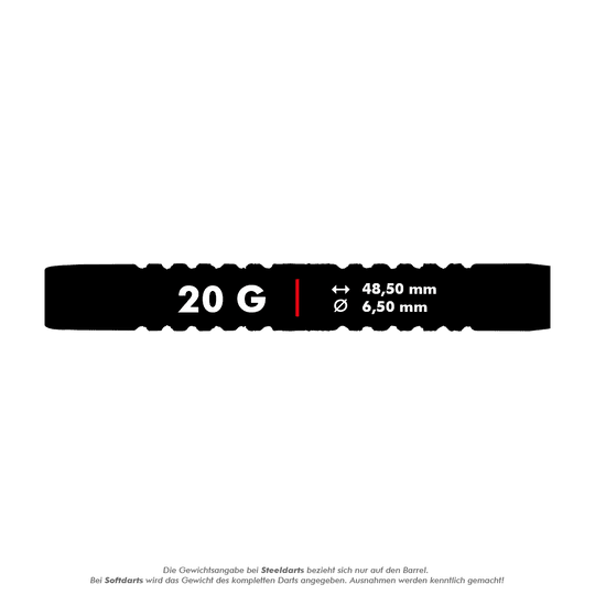 Winmau Jules Van Dongen soft darts - 20g Das Bild zeigt die Produktangaben für die Winmau Jules Van Dongen Softdarts mit einem Gewicht von 20 Gramm. Die Darts haben eine Länge von 48,50 mm und einen Durchmesser von 6,50 mm.