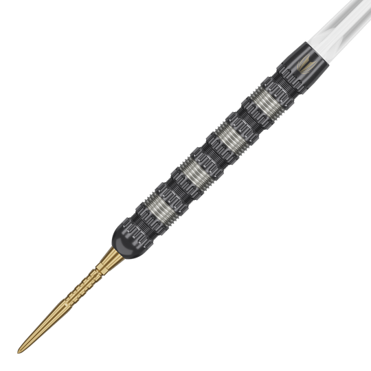 Das Bild zeigt einen Target Rob Cross 95K Swiss Point Steeldart. Der Dart hat eine strukturierte, silber-schwarze Oberfläche und eine goldene Spitze.